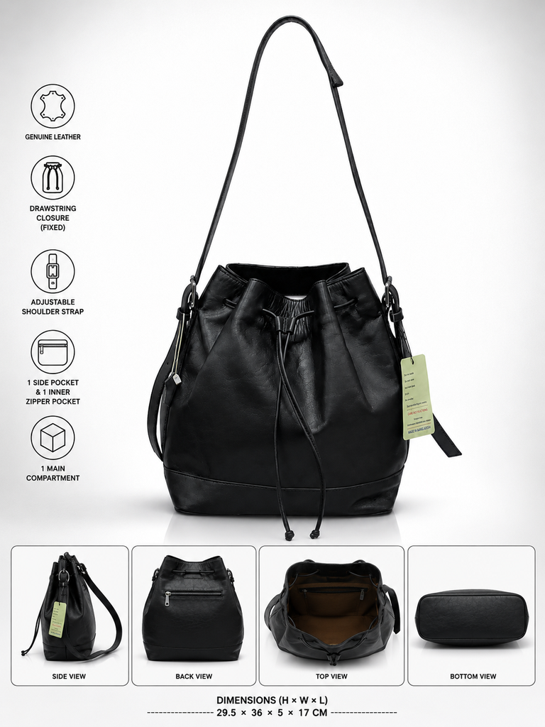 Genuine Leather Drawstring Shoulder Bag