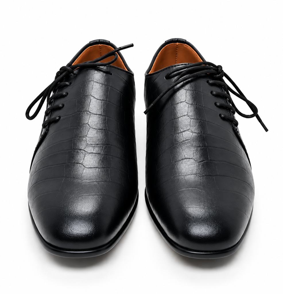 Polished Black Crocodile-Texture Oxford Men Shoes