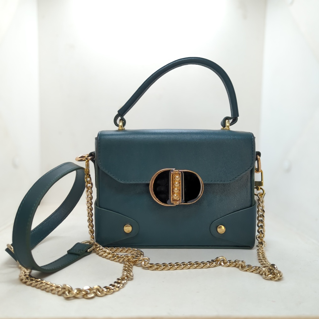 Top-Handle Flap Bag with Chain Strap-Midnight Green