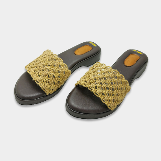 Shabab Elegant Dual-Material Leather Jute Flats for Women